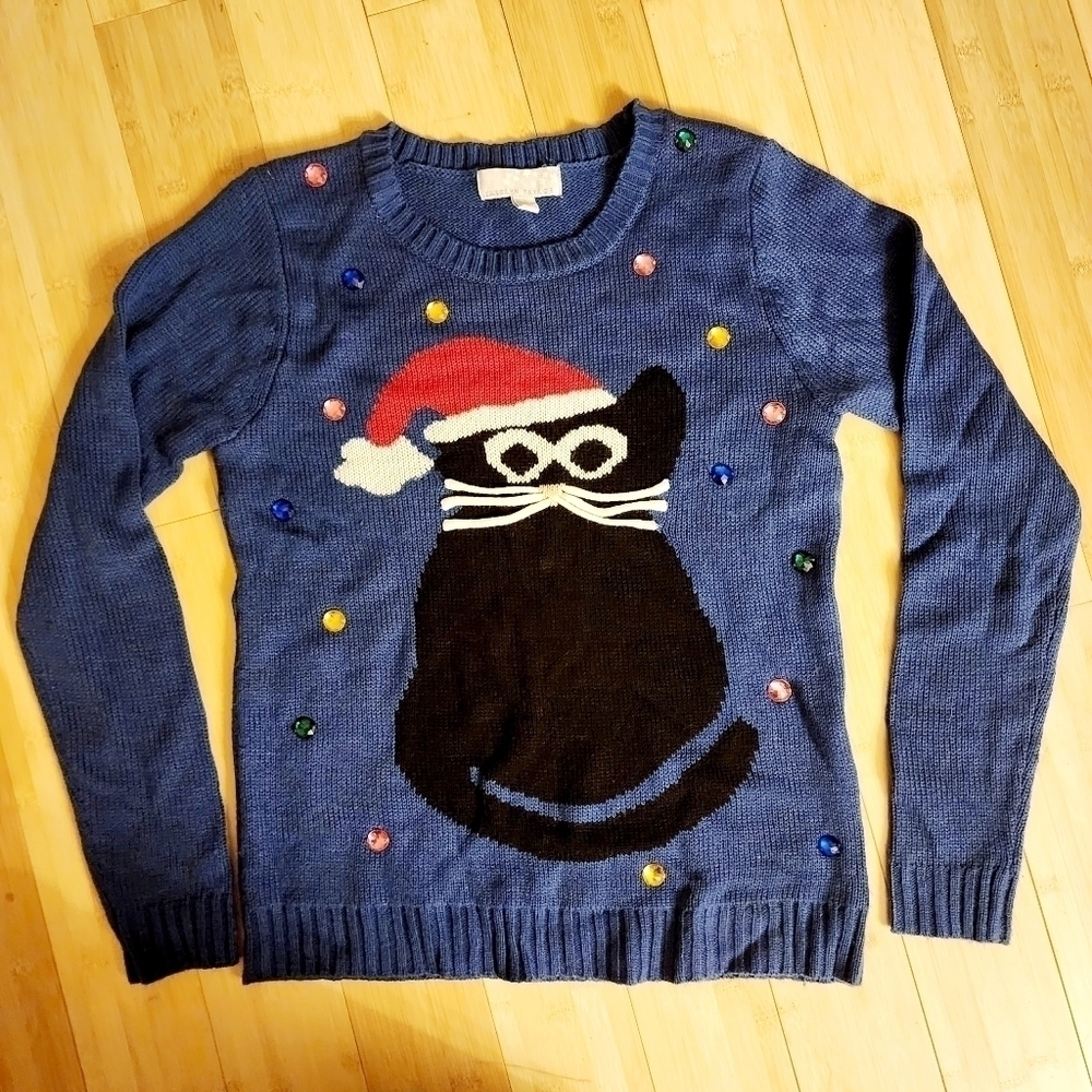 Carolyn Taylor Christmas Cat Blue Knit Pullover Sweater Women's Small S Cute EUC